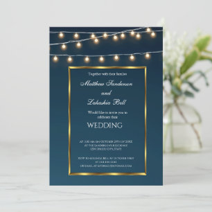 Wedding Fairy Lights Blue Modern Elegant Invitation