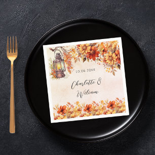 Wedding fall orange florals rustic lamp napkin