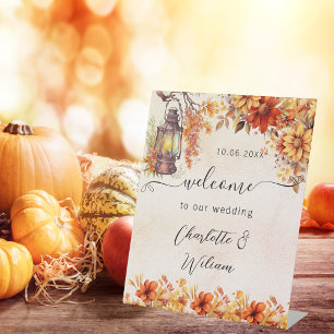 Wedding fall orange florals welcome pedestal sign