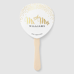 WEDDING FAN modern stylish gold confetti mr & mrs