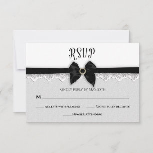 WEDDING, Faux Black Bow/Ribbon/Jewel Pin, Elegant RSVP Card
