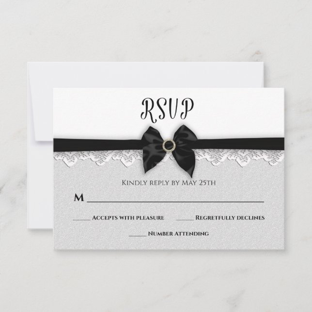 WEDDING, Faux Black Bow/Ribbon/Jewel Pin, Elegant RSVP Card (Front)