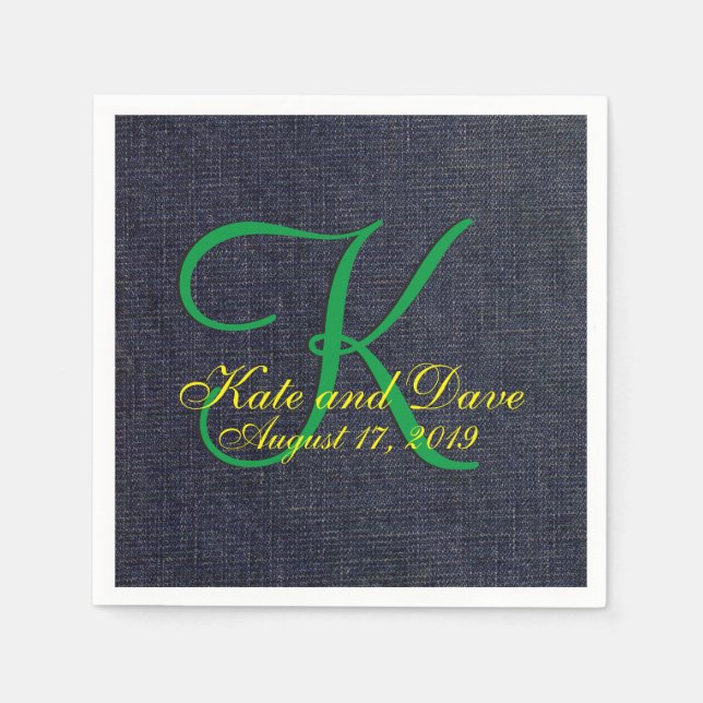 Wedding Faux Blue Jean Denim Cloth Monogram Napkin (Front)