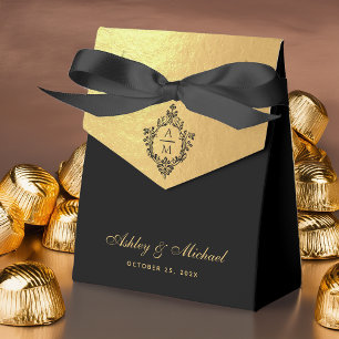 Wedding Faux Gold Black Monogram in Crest Luxury  Favour Box