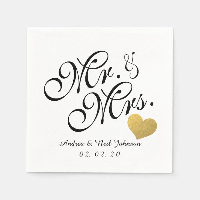Wedding Faux Gold Foil Heart Elegant Mr. and Mrs. Napkin (Front)
