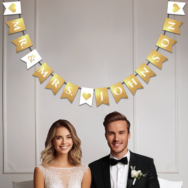 Wedding Faux Gold Mr. & Mrs. Custom Name 7 Letters Bunting (Creator Uploaded)