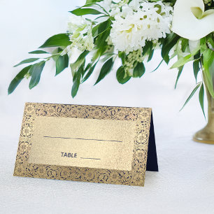 Wedding Faux Gold Navy Blue Vintage Floral Classy  Place Card