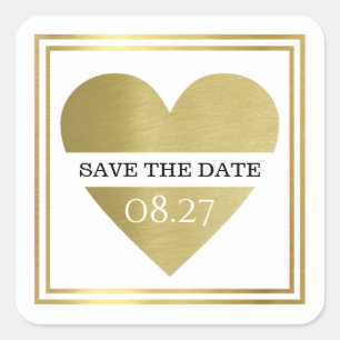 wedding faux golden love heart save the date square sticker