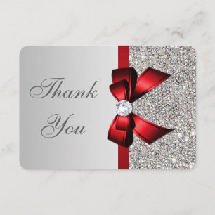 Wedding Faux Silver Sequins Red Bow Thank You