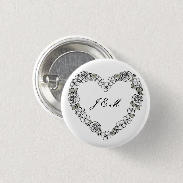 Wedding Favor Button - Black and White Heart (Front & Back)