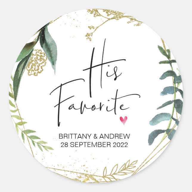 Wedding Favor His Favorite Treat Box Green Classic Round Sticker (Front)