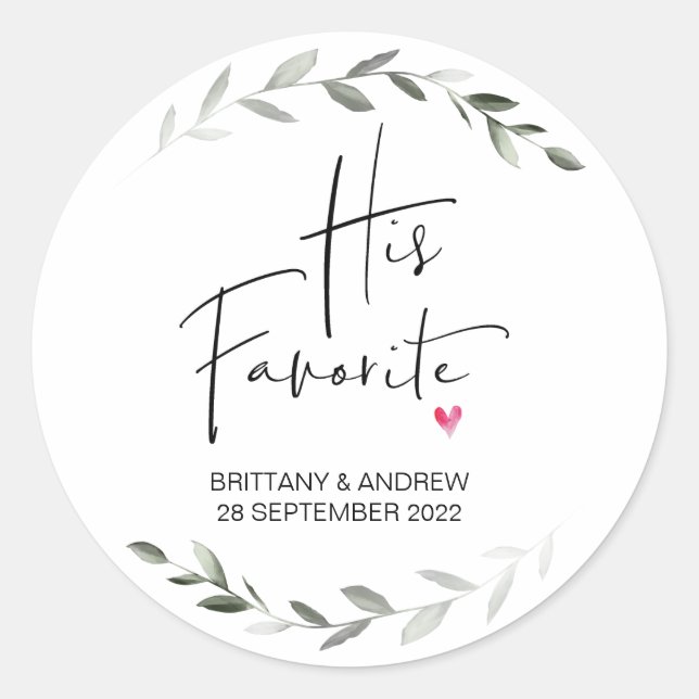 Wedding Favor His Favorite Treat Box Green Classic Round Sticker (Front)