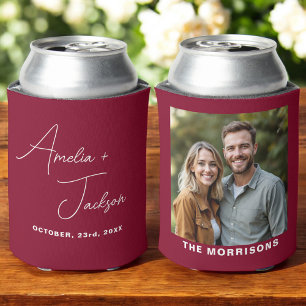 Wedding Favor Photo Burgundy Modern Can Cooler