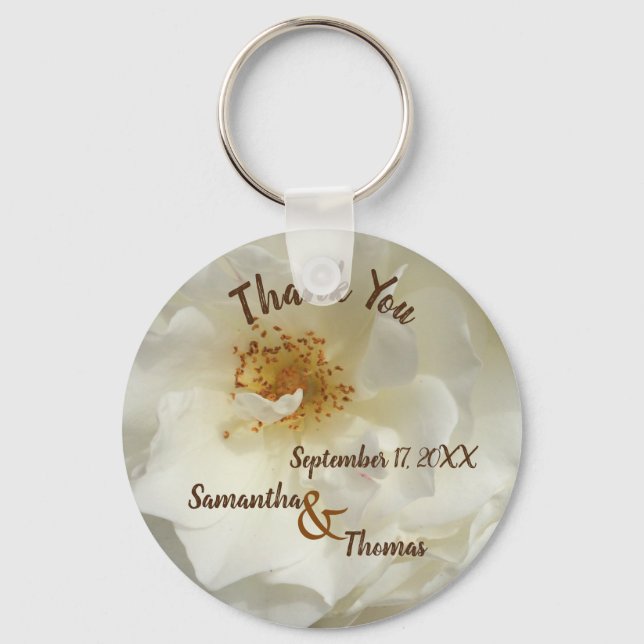 Wedding Favor Pretty White Rose Photo Floral Guest Key Ring (Front)