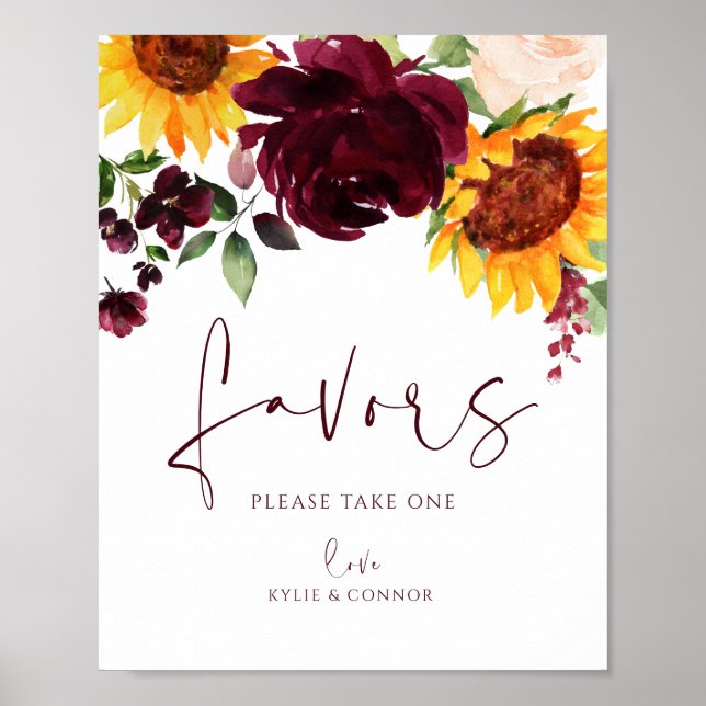 Wedding Favors Sign Sunflower Roses Burgundy Red (Front)