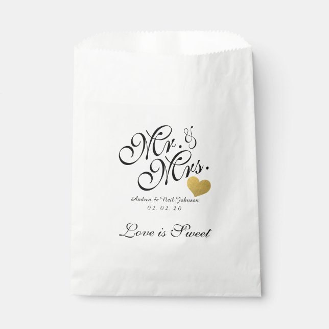 Wedding Favour Bag Faux Gold Foil Heart Mr. & Mrs. (Front)