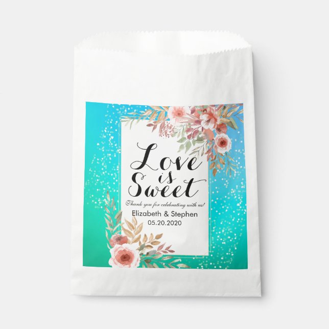 Wedding Favour Bag Modern Pink Floral Teal Gold Do (Front)