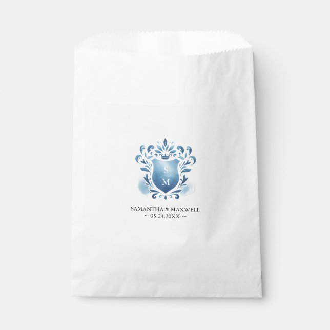 Wedding Favour Bags Blue Monogrammed Crest (Front)