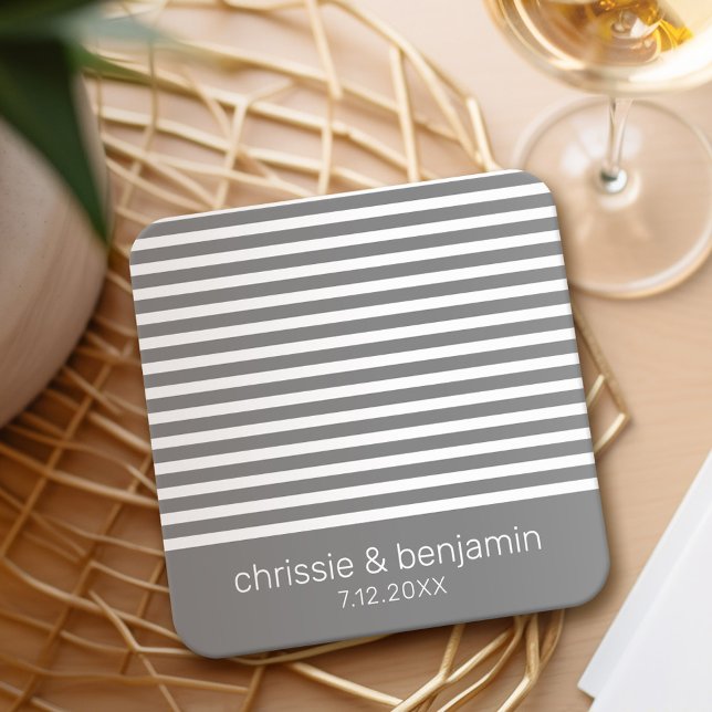 Wedding Favour Bride Groom Date Stripes Grey White Square Paper Coaster (Wedding Coasters - Personalize with the bride and groom names)