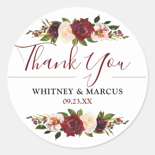 Wedding Favour Burgundy Blush Floral Boho Classic Round Sticker (Front)