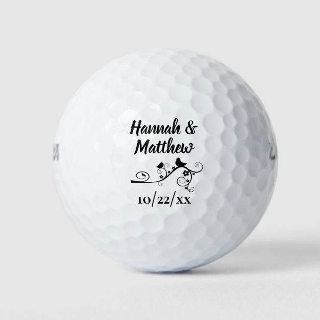 Wedding Favour Elegant Modern Love Birds Black Golf Balls (Front)