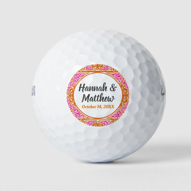 Wedding Favour Elegant Orange Pink Scroll Golf Balls (Front)