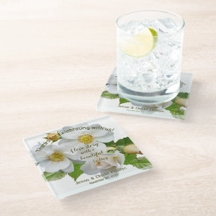 Wedding Favour Elegant Roses Full Bloom Glass Coaster