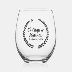 Wedding Favour Elegant Wreath Leaves Black Stemless Wine Glass