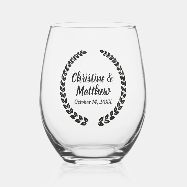 Wedding Favour Elegant Wreath Leaves Black Stemless Wine Glass (Front)