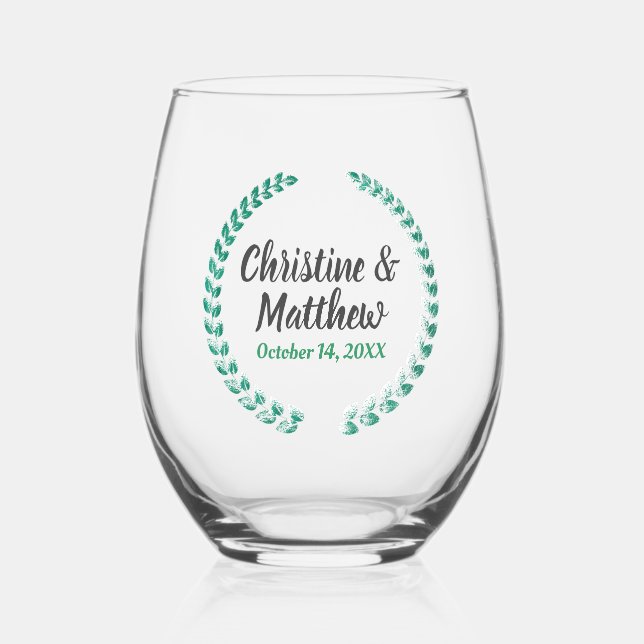 Wedding Favour Elegant Wreath Leaves Green Stemless Wine Glass (Front)