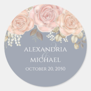 Wedding Favour Floral Watercolor Rose Dusty Blue Classic Round Sticker