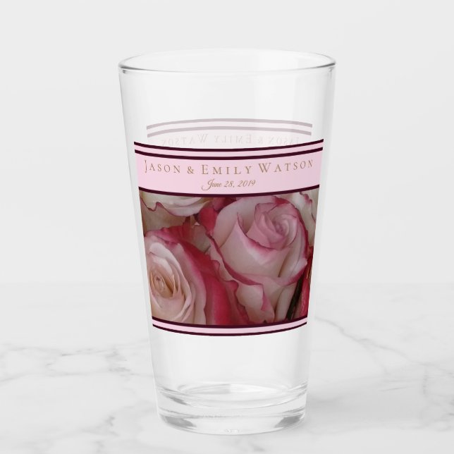 Wedding Favour Glass White-Pink-Roses Wine Accents (Front)