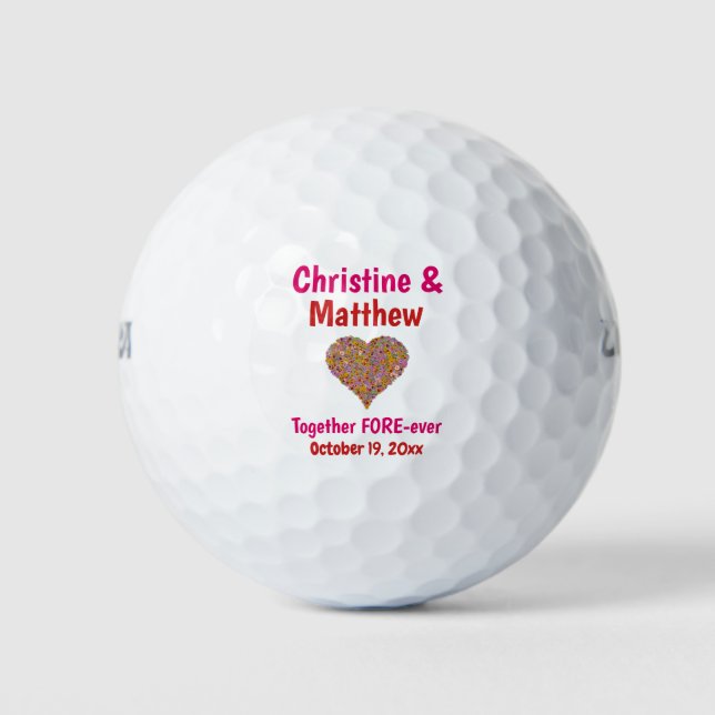 Wedding Favour Heart Flowers Love Forever Golf Balls (Front)