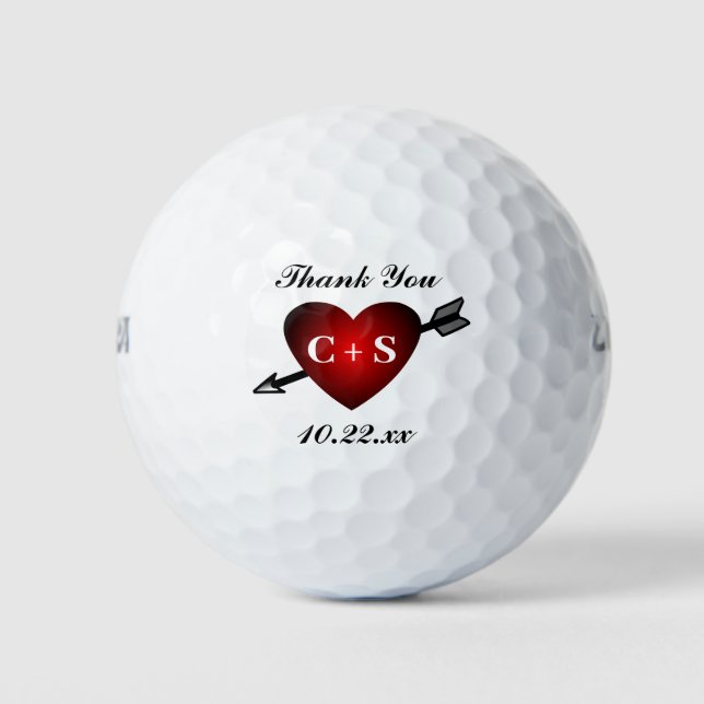 Wedding Favour Heart Initials Monogram Thank You Golf Balls (Front)