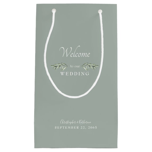 Wedding Favour Light Sage Names & Date  Small Gift Bag (Front)
