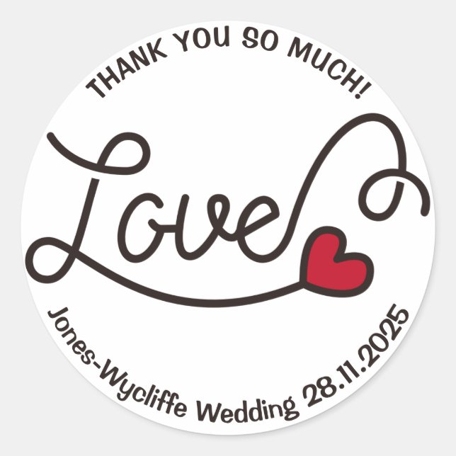 Wedding Favour Love Red Heart Typography Art Classic Round Sticker (Front)