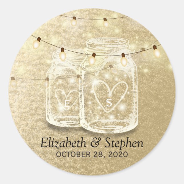 Wedding Favour Mason Jar String Lights Gold Foil Classic Round Sticker (Front)