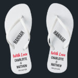 Wedding Favour Modern Typography Flip Flops<br><div class="desc">These modern typography flip flops are a fun thank you favour for any couple who is having their wedding during the summer or a destination wedding at the beach! Personalise with the bride and groom's names, wedding date, and the name of your bridesmaid, groomsman, or honoured guest. You can keep...</div>