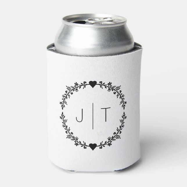 Wedding Favour Monogram Heart Wreath Grey Pastel  Can Cooler (Can Front)