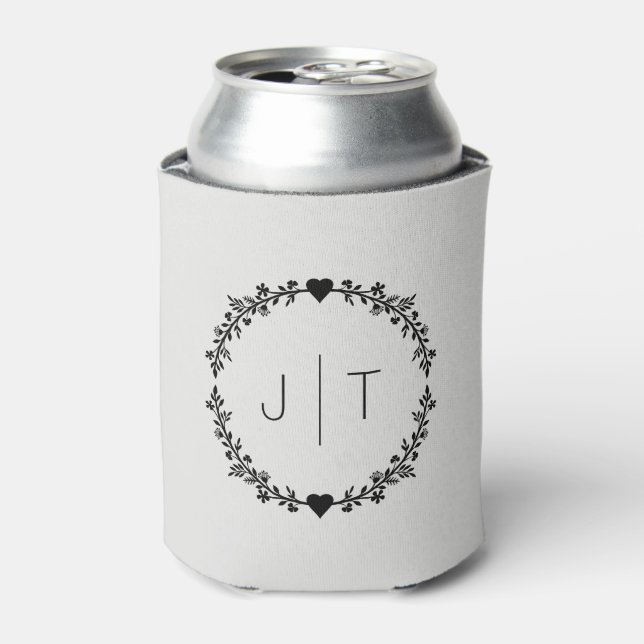Wedding Favour Monogram Heart Wreath Grey Pastel  Can Cooler (Can Front)