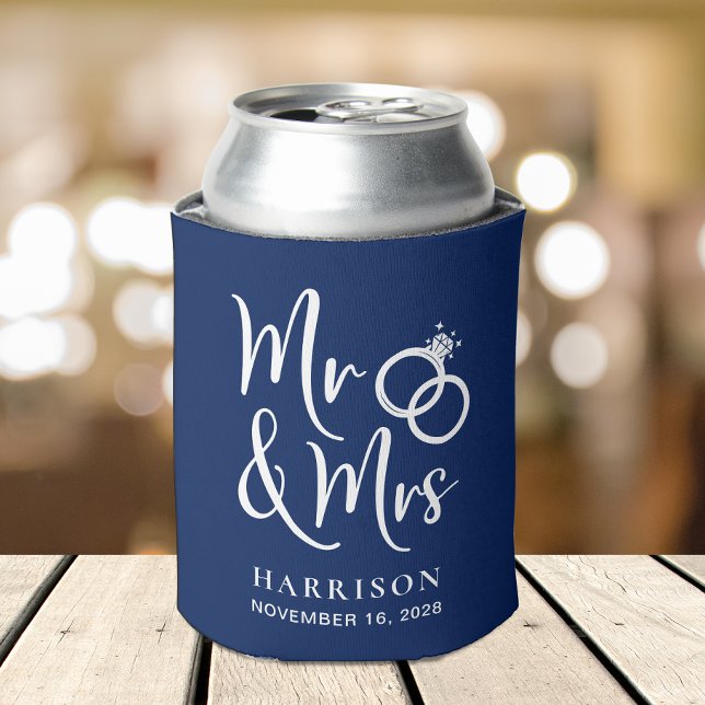 Wedding Favour Mr and Mrs Navy Blue Can Cooler (Creator Uploaded)