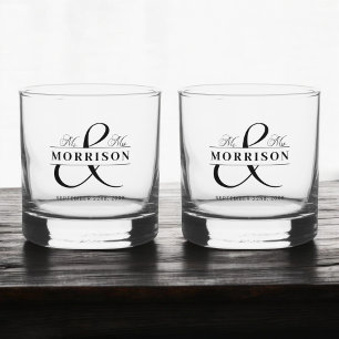 Wedding Favour Mr Mrs Black White Whiskey Glass
