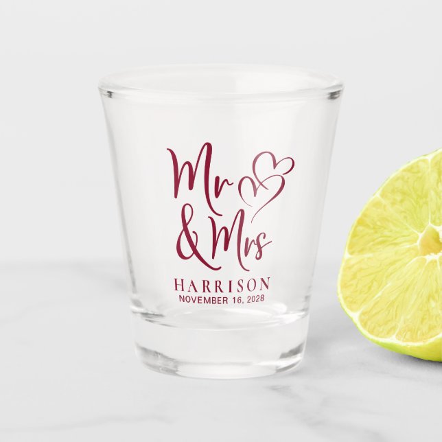 Wedding Favour Mr Mrs Burgundy Shot Glass (Front)