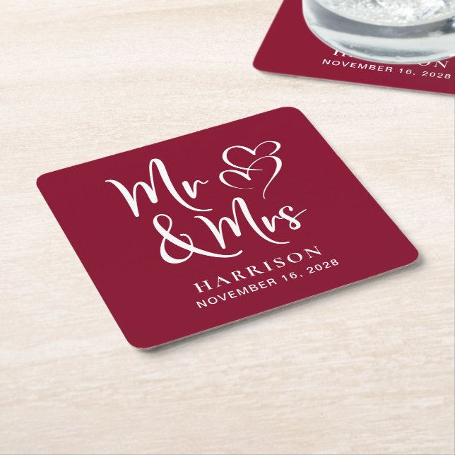 Wedding Favour Mr Mrs Burgundy Square Paper Coaster (Angled)