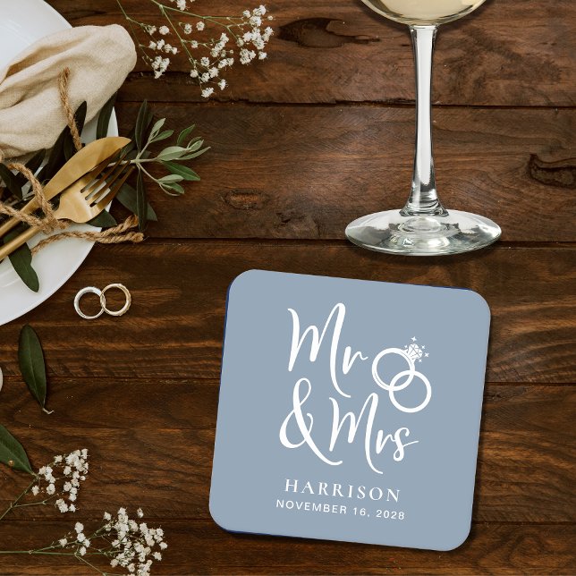 Wedding Favour Mr Mrs Dusty Blue Square Paper Coaster (Creator Uploaded)