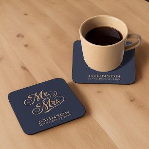Wedding Favour Mr & Mrs Elegant Script Name Modern Square Paper Coaster
