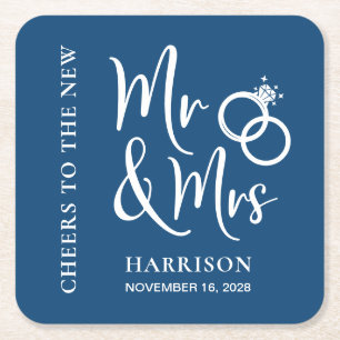 Wedding Favour New Mr Mrs Blue Square Paper Coaster