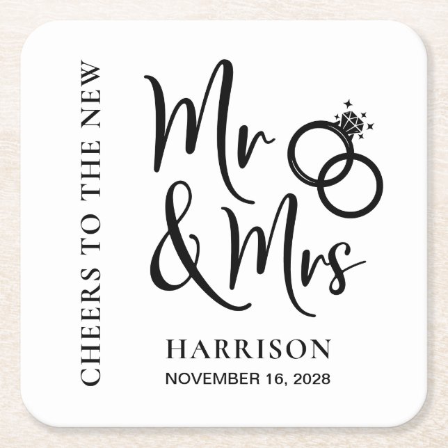 Wedding Favour New Mr Mrs Square Paper Coaster (Front)