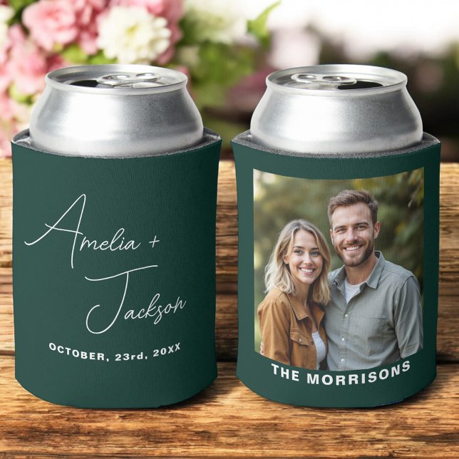 Wedding Favour Photo Forest Green Modern Can Cooler (Creator Uploaded)