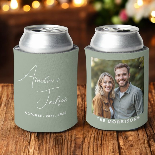 Wedding Favour Photo Sage Green Modern Minimalist  Can Cooler (Creator Uploaded)
